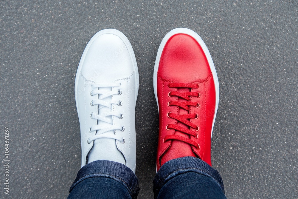 A unique expression showcased through mismatched red and white shoes worn on a minimalist background A unique expression showcased through mismatched red and white shoes worn on a minimalist background