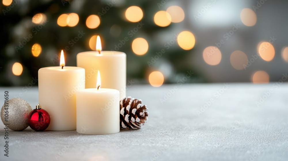 Festive Christmas Candles with Ornaments and Pine Cone Festive Christmas Candles with Ornaments and Pine Cone