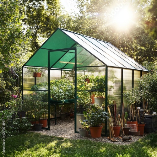 A small greenhouse on a sunny day, with a green sun shade roof that filters the bright sunlight, creating a gentle glow inside. The plants are lush and thriving under the protection of the shade