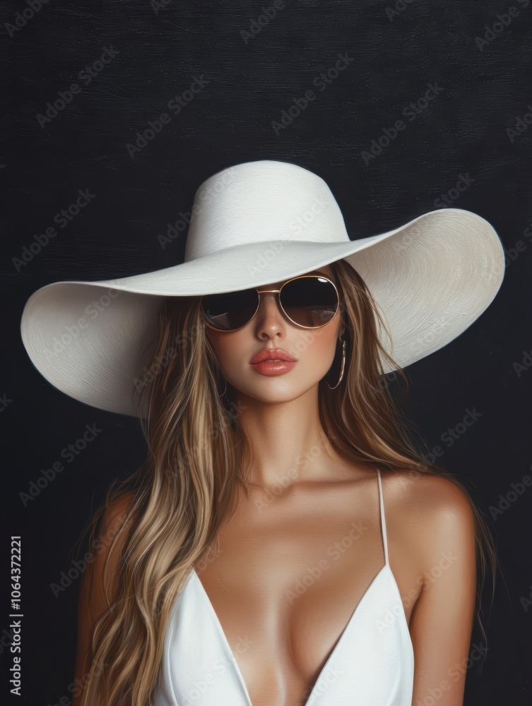 Stylish woman wearing a white hat and sunglasses, posing elegantly against a dark background. Stylish woman wearing a white hat and sunglasses, posing elegantly against a dark background.