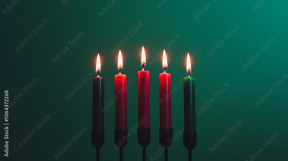 Five Lit Candles in Black Candle Holders on Green Background Five Lit Candles in Black Candle Holders on Green Background