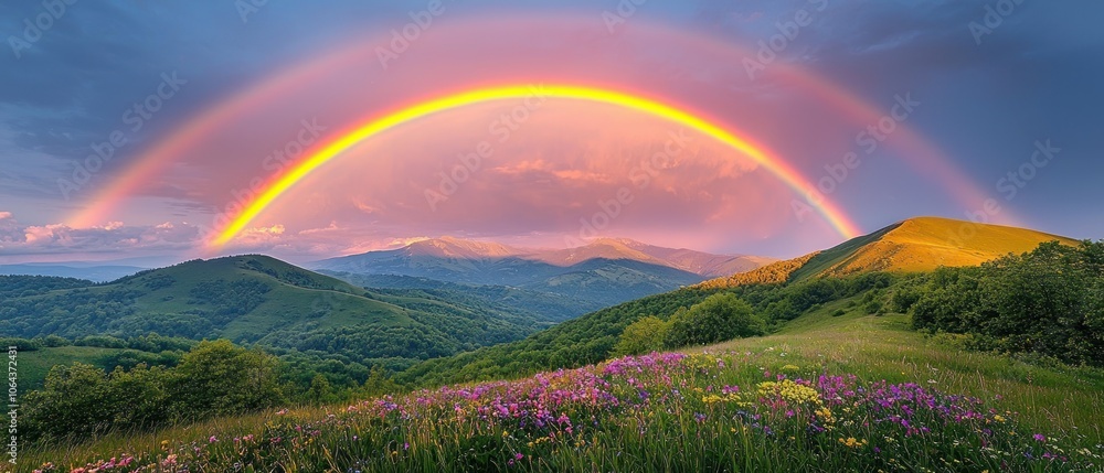 Obraz premium Double Rainbow Over Lush Mountain Meadow at Sunset