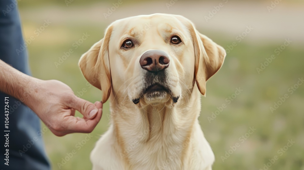 A loving hand feeds a loyal labrador retriever the bond between humans and dogs A loving hand feeds a loyal labrador retriever the bond between humans and dogs