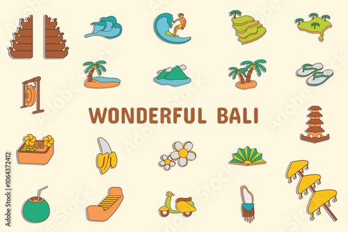 Wonderful Bali Lineal Color Vector Illustration Icon Sticker Set Design Materials