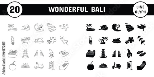Wonderful Bali Line Glyph Vector Illustration Icon Sticker Set Design Materials