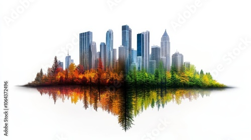 A city skyline transforming into a lush forest, symbolizing development and renewal, double exposure style, vibrant colors, high contrast photo