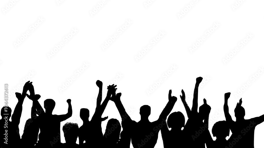 Silhouette video of a crowd of people at a club concert or sporting event, isolated on an Alpha matte background.
Silhouette video of a crowd of people at a club concert or sporting event, isolated on an Alpha matte background.