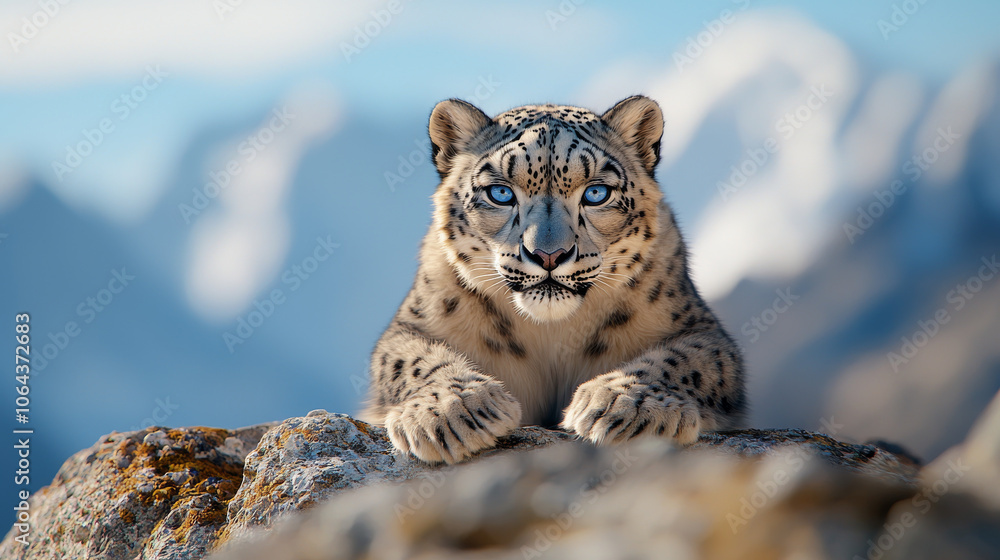 Fototapeta premium Snow Leopard on Rocky Mountain Slope with Snowy Camouflage 
