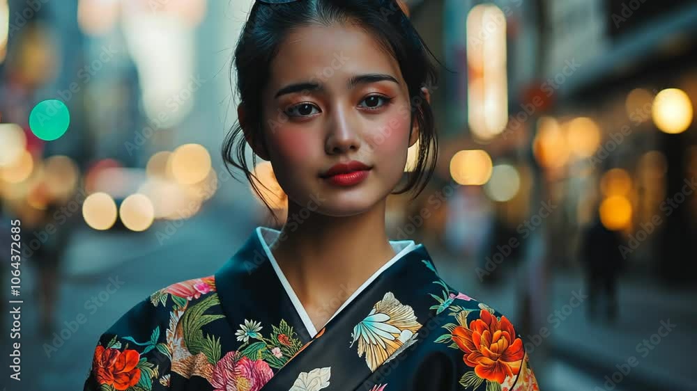 elegance portrait of Japanese woman wearing kimonos at city street bokeh light elegance portrait of Japanese woman wearing kimonos at city street bokeh light