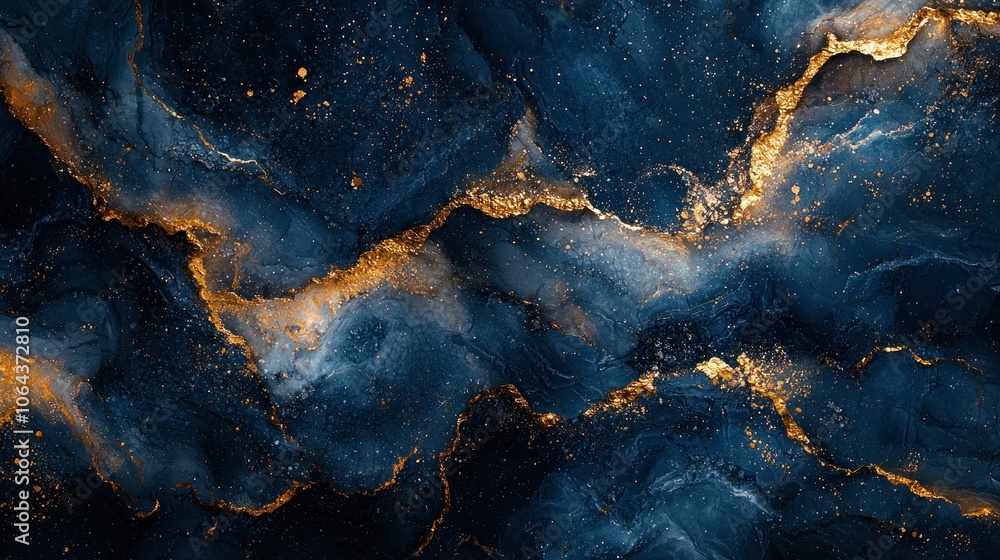 Fototapeta premium Abstract Art with Blue and Gold Swirls and Glitter