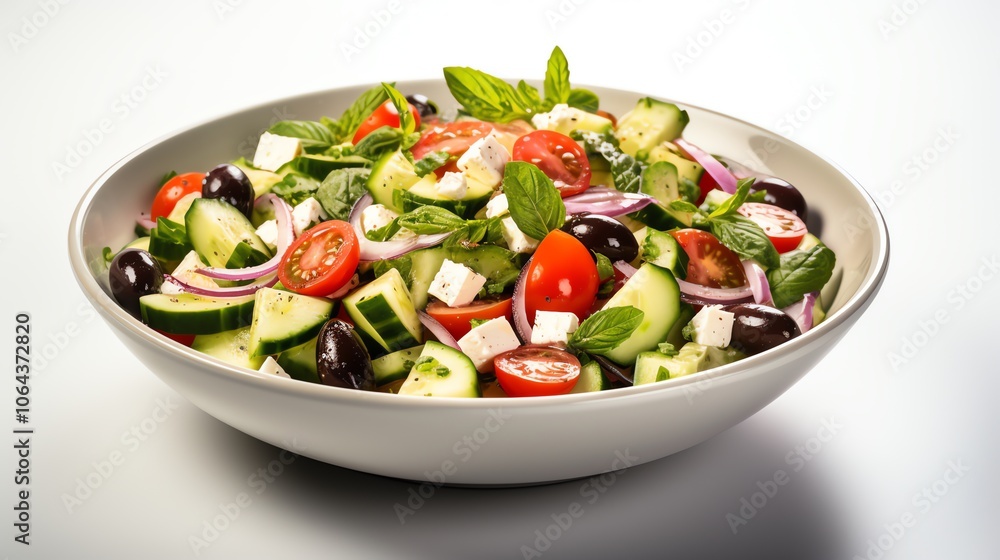 Fresh Greek salad with feta cheese, cucumbers, tomatoes, red onions, olives, and herbs in a white bowl. Fresh Greek salad with feta cheese, cucumbers, tomatoes, red onions, olives, and herbs in a white bowl.