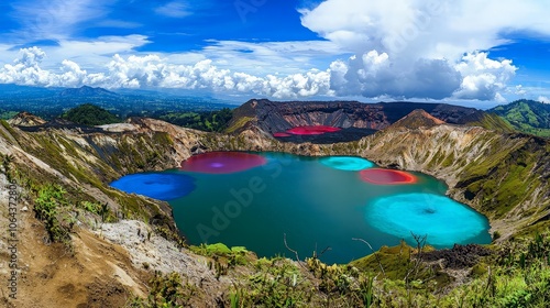Wallpaper Mural A panoramic view of a volcanic crater lake with blue, red, and green waters, under a bright sky. Torontodigital.ca