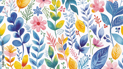 A vibrant arrangement of watercolor flowers and leaves in various colors creates a lively and cheerful pattern, perfect for backgrounds or decorative purposes - Generative AI