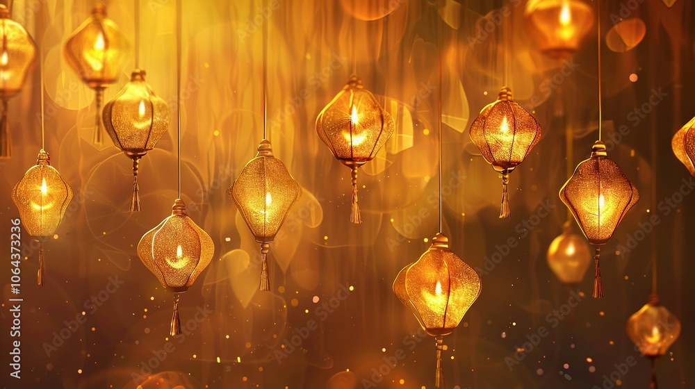 Golden Glow: Stunning Illustration of Paper Oil Lamps Hanging in a Warm Light Golden Glow: Stunning Illustration of Paper Oil Lamps Hanging in a Warm Light