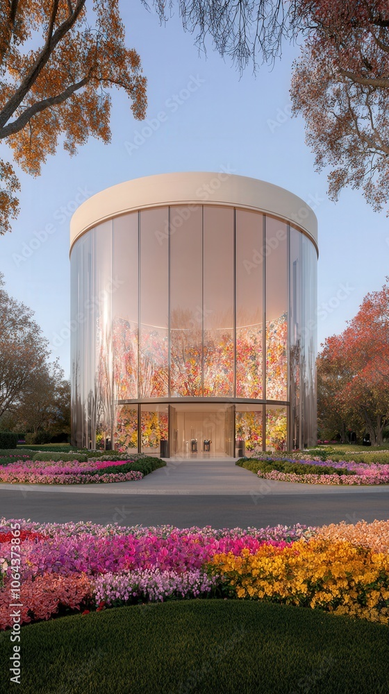 Obraz premium Modern Glass Building with Floral Garden Architecture Design Landscape Entrance Exteri