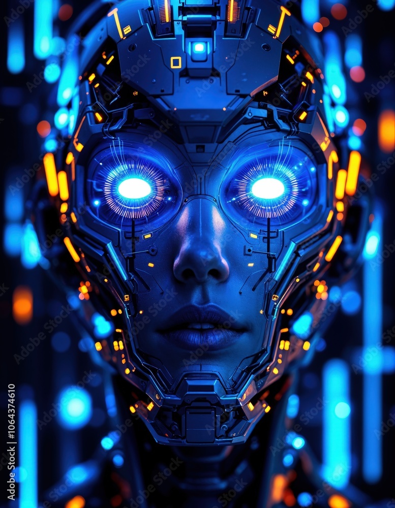 Cybernetic AI Portrait: Futuristic Face with Glowing Blue Eyes and Digital Circuitry Cybernetic AI Portrait: Futuristic Face with Glowing Blue Eyes and Digital Circuitry