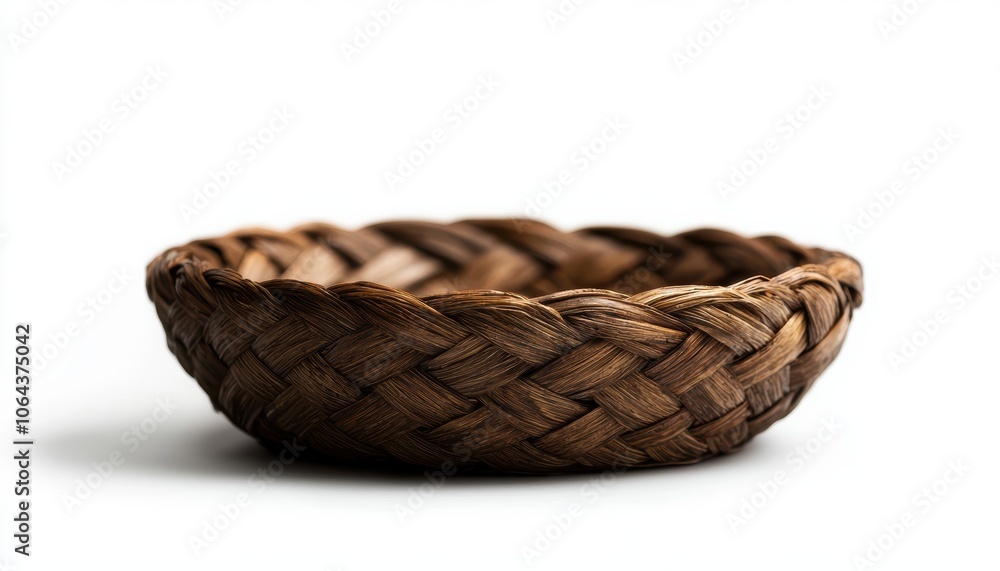 Woven basket, crafted from natural materials, isolated on white background.