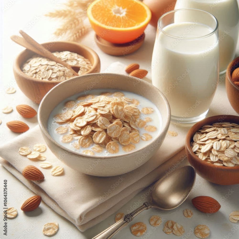 Oat flakes with fresh milk on a white backdrop, emphasizing nutritious breakfast choices Oat flakes with fresh milk on a white backdrop, emphasizing nutritious breakfast choices
