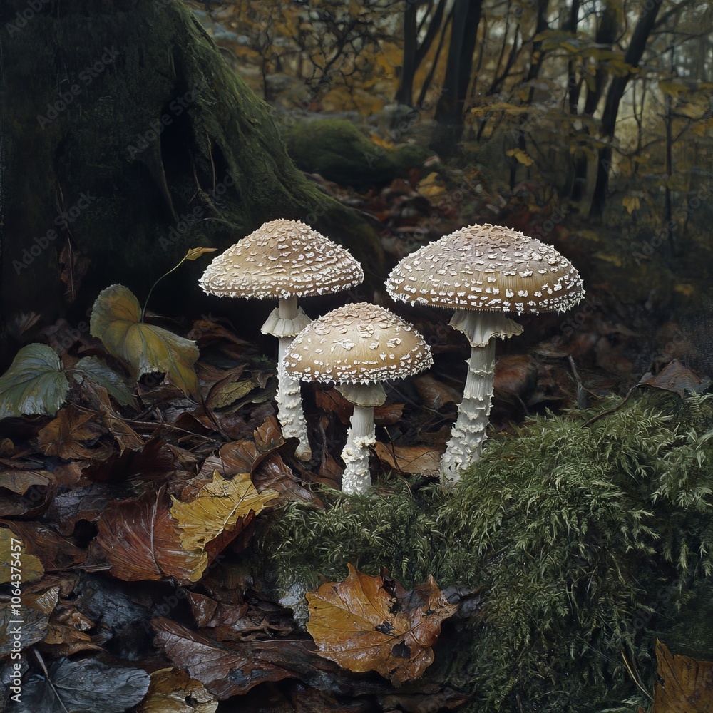 Fototapeta premium A detailed image of three mushrooms standing tall in the shaded undergrowth, their fragile caps glistening with morning dew. The surrounding forest floor is covered in moss and fallen leaves, while