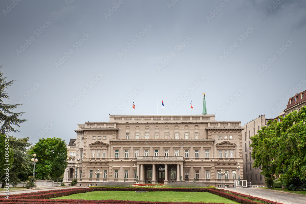 Obraz premium Main facade of stari Dvor, the City Hall of Belgrade, also called skupstina, during a cloudy rainy afternoon. It is the seat of the municipal administration of the city of Belgrade, capital of Serbia.