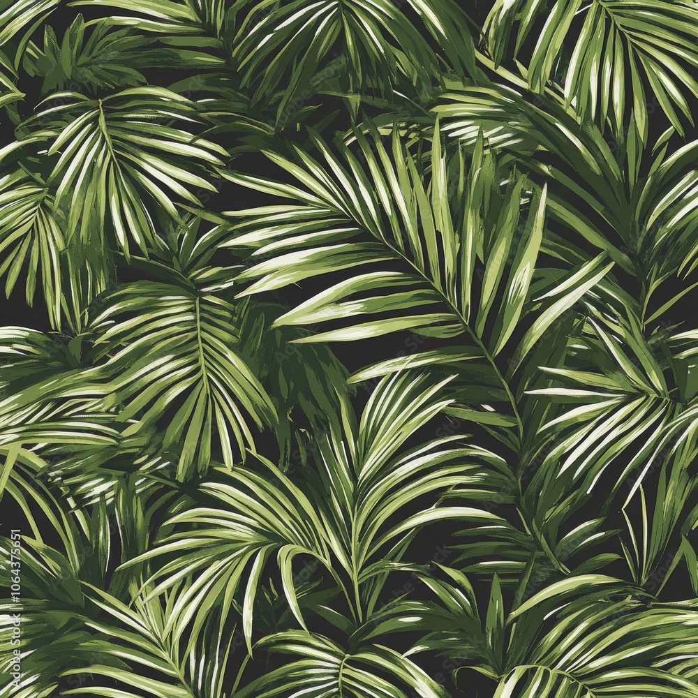 A seamless wallpaper design with overlapping green palm branches, drawn in a rough brush style. The dense foliage creates a layered, textured effect, evoking the lush beauty of tropical jungles and A seamless wallpaper design with overlapping green palm branches, drawn in a rough brush style. The dense foliage creates a layered, textured effect, evoking the lush beauty of tropical jungles and