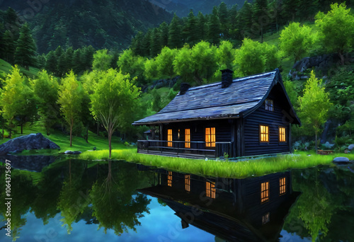 Wooden house with night view on the edge of the lake and mountains