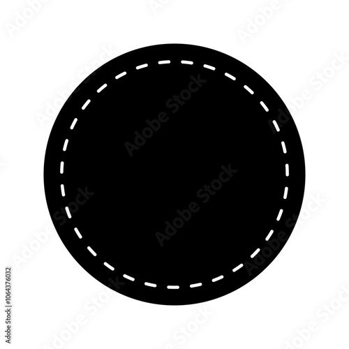 Round black tag, patch, price label, promo code badge with dashed border line isolated on white background. Basic geometric shape with dotted stitches. Vector graphic illustration.