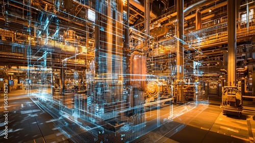 Futuristic industrial automation and smart city infrastructure with interconnected digital networks energy systems and advanced technological equipment