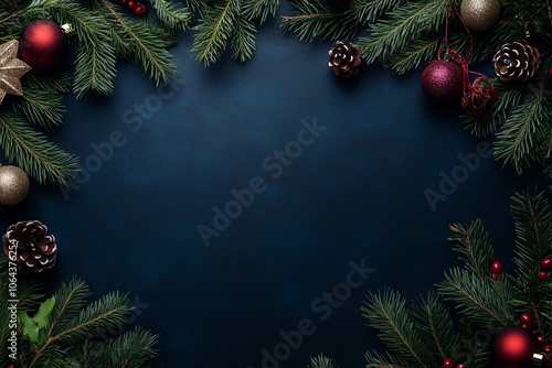 christmas background with fir branches and cones