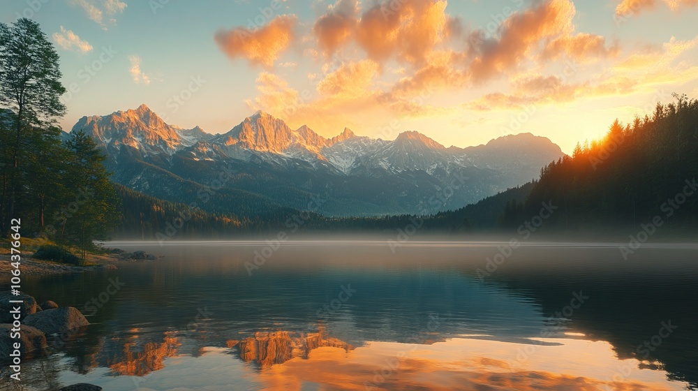 Fototapeta premium misty morning at lacu rosu lake with foggy sunrise over the serene landscape of harghita county, romania, capturing the tranquility of nature in the heart of europe