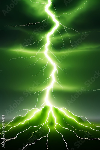 lightning bolt. Lightning flash bolt or thunderbolt. Green lightning or magic power blast storm. Thunder and lightning isolated on green background