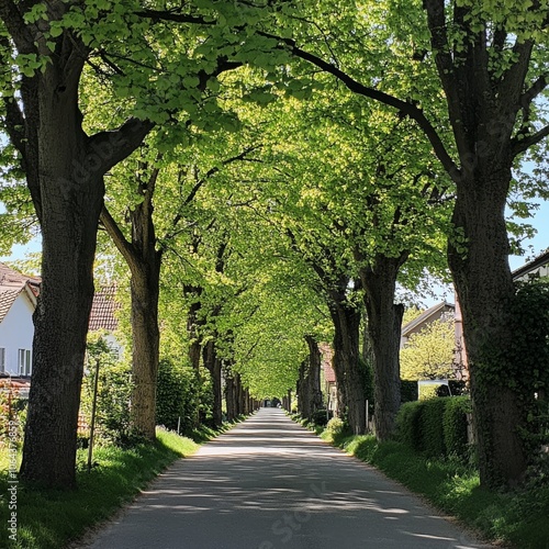 A serene springtime street on the island of RÃ¼gen, bordered by tall lime trees whose leaves create a green tunnel overhead. The dappled light filtering through the branches highlights the bright,