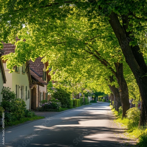 A picturesque road on RÃ¼gen, shaded by the dense foliage of lime trees in full spring bloom. The sunlight softly filters through the vibrant green leaves, casting playful shadows across the street,