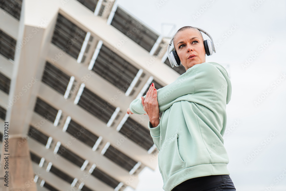 Athletic Woman in Mint Green Hoodie Performs Dynamic Post-Workout Stretches While Listening to Music Through Headphones, Against Urban Architecture Background During Morning Exercise Athletic Woman in Mint Green Hoodie Performs Dynamic Post-Workout Stretches While Listening to Music Through Headphones, Against Urban Architecture Background During Morning Exercise