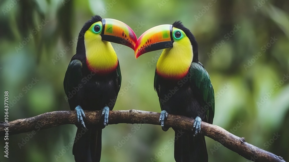 Obraz premium Keel-billed toucan perched on forest branch in costa rica, capturing the vibrant colors of the tropical ramphastos sulfuratus bird in its natural habitat amidst lush central american rainforest—ideal 