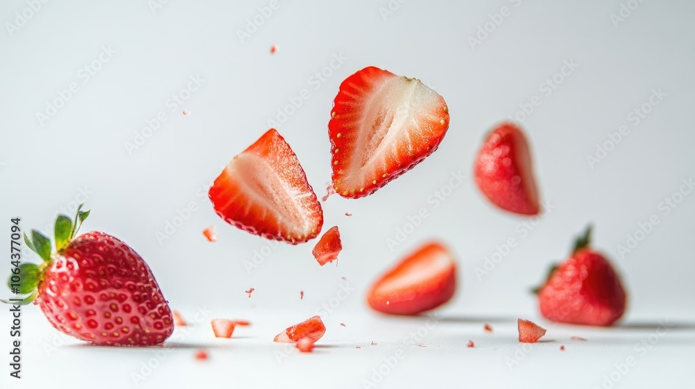 Fresh Strawberries in Motion on a Light Background Fresh Strawberries in Motion on a Light Background