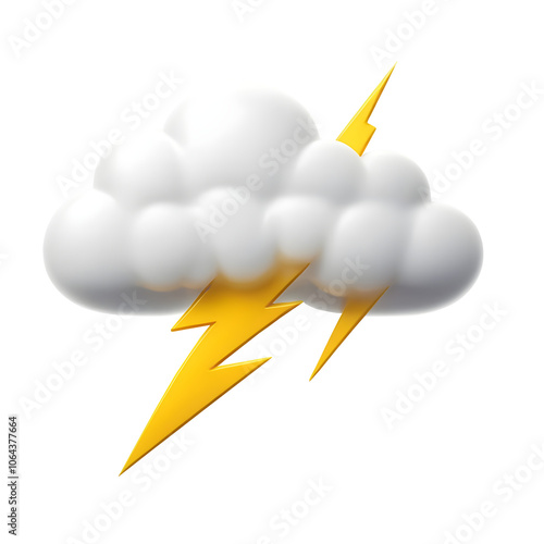 A white cloud with a yellow lightning bolt weather icon in a playful plastic style, isolated on a transparent background.