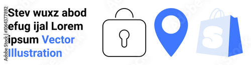 Free Download Three icons with a lock, location pin, and shopping bag on white background. Ideal for security, navigation, shopping, e-commerce, online services. Landing page - GFXLoad
