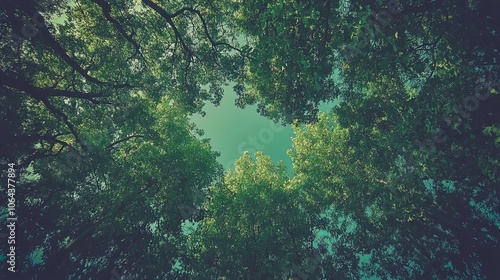 Looking up at lush green tree tops in a dense forest, capturing the beauty of nature and the tranquil atmosphere beneath the canopy of leaves photo