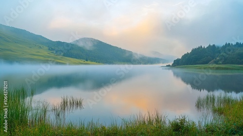 serene misty morning at lacu rosu lake with foggy summer sunrise and lush greenery reflections, capturing the tranquil beauty of nature in harghita county, romania, europe photo