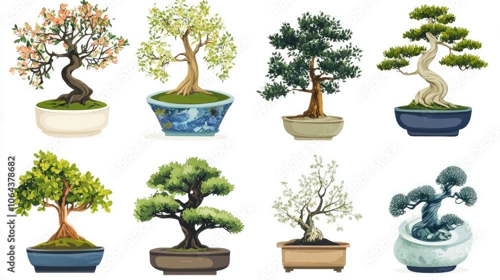 Various Styled Bonsai Trees in Decorative Pots