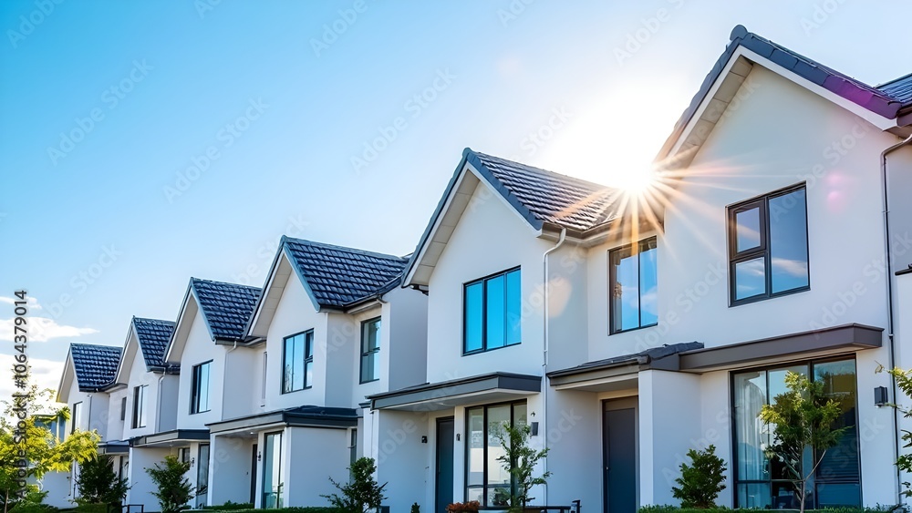 Modern White Townhouses in Suburban Development with Sun Flare - Contemporary Residential Architecture and Real Estate Photography Modern White Townhouses in Suburban Development with Sun Flare - Contemporary Residential Architecture and Real Estate Photography