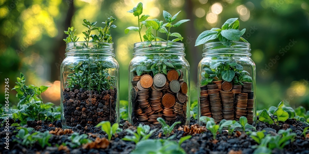 Three Glass Jars with Plants and Stacks of Coins Three Glass Jars with Plants and Stacks of Coins