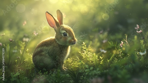 Cute Bunny Rabbit Sitting in a Lush Green Meadow