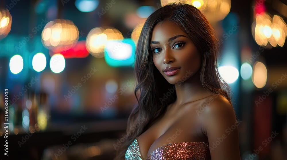 Portrait of a Nightlife Woman in Red Amidst Vibrant City Lights Portrait of a Nightlife Woman in Red Amidst Vibrant City Lights
