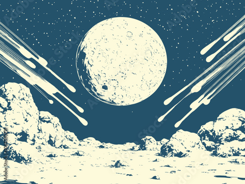 Retro Sci-Fi Moon Landscape with Meteor Shower and Rocky Terrain Under Starry Sky - Cosmic Space Art Illustration Depicting Celestial Events and Alien Surface