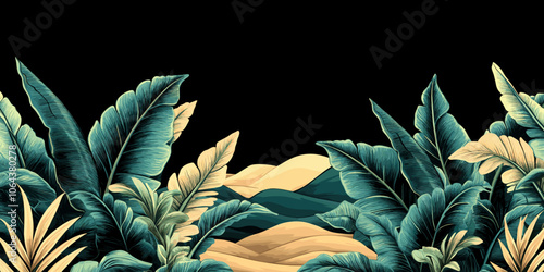 Exquisite Tropical Foliage Silhouette Against Mystical Desert Horizon: Vibrant Green Tropical Leaves and Serene Sand Dunes Create a Stunning Contrasting Landscape