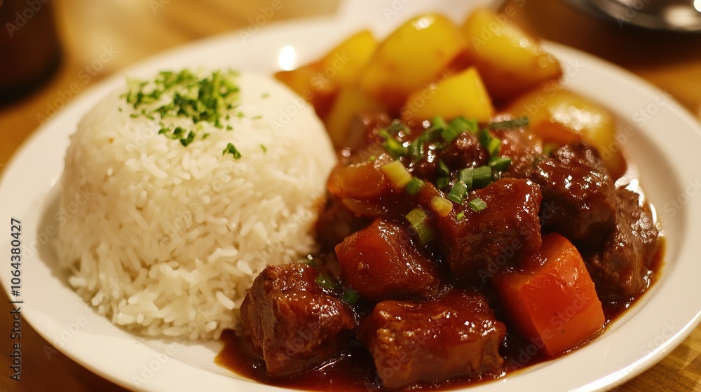 Beef Mechado in Manila, a hearty Filipino stew made with tender beef chunks simmered in a rich tomato sauce, soy sauce, vinegar, garlic, and bay leaves, often cooked with potatoes and bell peppers, Beef Mechado in Manila, a hearty Filipino stew made with tender beef chunks simmered in a rich tomato sauce, soy sauce, vinegar, garlic, and bay leaves, often cooked with potatoes and bell peppers,