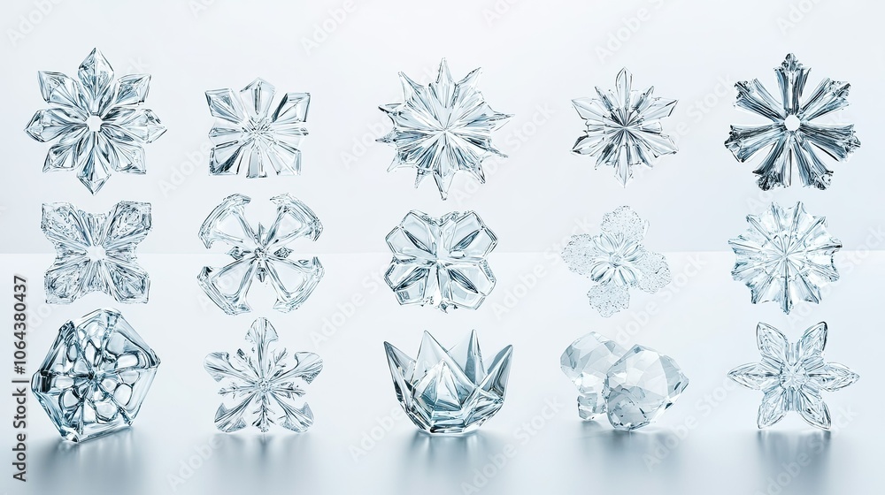 Crystal Snowflake Designs on Clean Background Crystal Snowflake Designs on Clean Background
