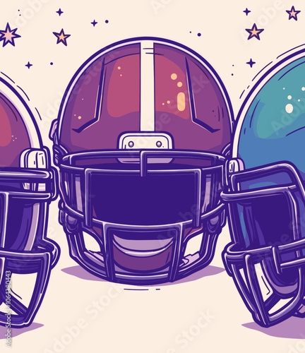 Vibrant Illustration of Three Football Helmets with Stars in Retro Style, Featuring Red, Purple, and Teal Helmets on a Beige Background for Sports Enthusiasts